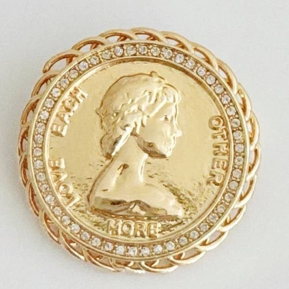Vintage Medallion Coin Brooch Pin - Gold Statement Brooch
